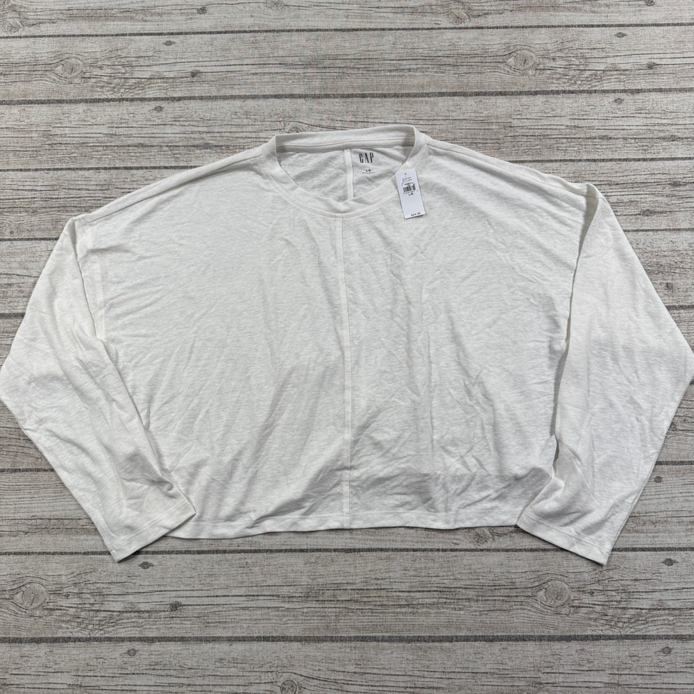 NEW Gap Shirt Women's Large White Relaxed Cropped Boxy Fit Long Sleeve Varsity
